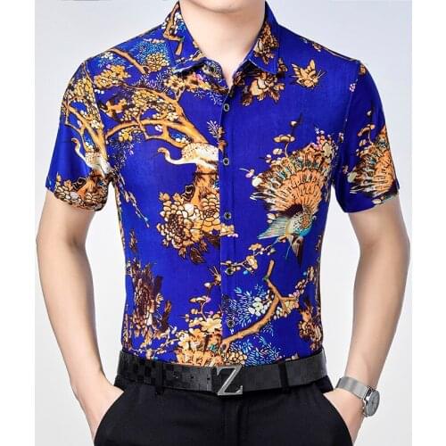 Summer Mens Fashion Printed Soft Shirt Short Sleeve Clothes Elegant Floral Dress Shirt Free Shipping