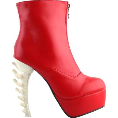 LF80705 SHOW STORY Cool Red Beige Skull Zipper High-top Bone Heels Platform Ankle Boots