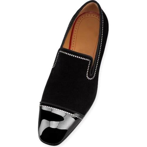 Moraima Snc Hot Selling Leather Patchwork Flat Shoes for Men Crystal Embellished Slip on Party Dress Shoes Black Wedding Shoe