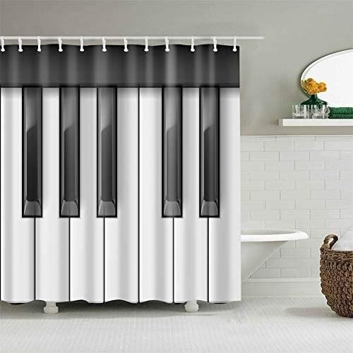 Curtain Set with Hooks Piano Key 3D Black and White Bathroom Decor Waterproof Polyester Fabric Bathroom Accessories Bath