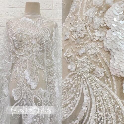 Latest White Gorgoues Bridal Wedding Gown Dress Lace Fabric Heavy Bead Tulle Embroidery Lace Fabric