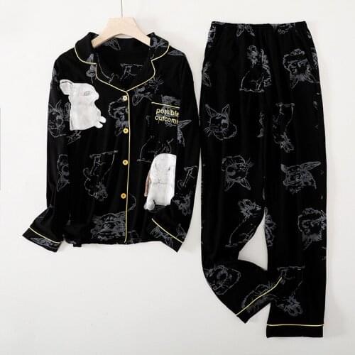 2021 Autumn / Winter New Rabbit Pajamas Womens Knitted Cotton Long Sleeved Trouser Suitslovely Cartoon Home Clothes 2 Piece Set