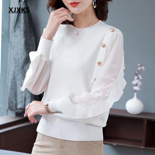 XJXKS 2021 spring autumn new knitted stitching chiffon women tops solid color all-match pullover women thin sweater