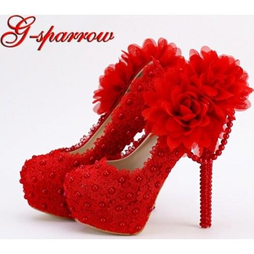 2018 Red Lace Applique Evening Dress Shoes Sapatos Femininos Valentine Women High Heels Bridal Wedding Party Shoes Plus Size