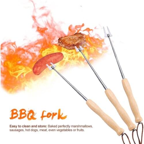 Outdoor Retractable Rugged Wooden Stainless Steel Barbecue Fork Suitable For BBQ Hot Dog Telescopic Camping Campfire Accessories