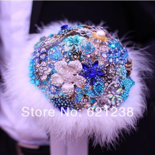 Silver blue brooch bouquet, vintage brooch bouquet,Blue + white wedding special holding flowers , colors can be changed