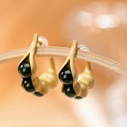 Pure S925 Silver Earrings Green Jadeite beans Stud Earrings Vintage Earrings