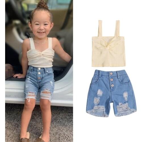 FOCUSNORM Summer Fashion Kids Girls Clothes Sets 2-7Y Solid Strap Sleeveless Vest Tops Hole Denim Shorts