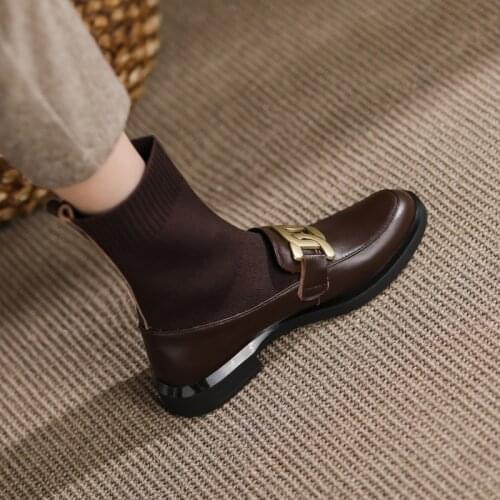 2021 Winter Genuine Leather Women Boots Retro Grown Stretch Boots Ankle Boots Zapatos De Mujer Women Shoes Sock boots Round Toe
