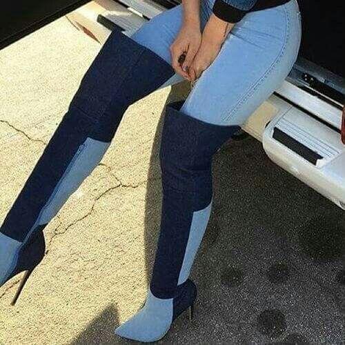 Drop Shipping Brand Women Suede Sexy Night Club Patchwork Brown Blue Geometry Pointed Toe Zipper Over The Knee Long Boots Lady