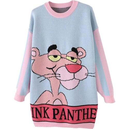 Streetwear Cartoon leopard Printed Knitted Sweater Plus Size Women Winter Korean Casual O Neck Pullover