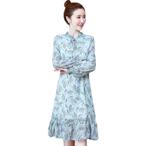 2021 New Fashion Women Autumn Dresses Plus size Loose Office Female Vestir Long sleeve Chiffon Print Mermaid Dress Trendy OK642