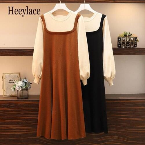 Plus Size Women Autumn Winter Slim Patchwork Knit Sweater Party Dress Female Casual Long Sleeve Loose Office Lady Maxi Vestidos