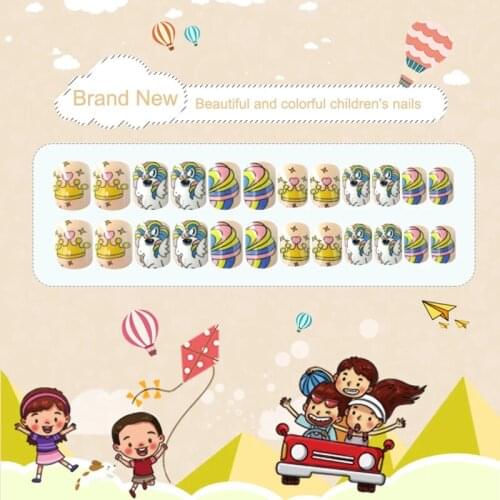 1 Pack 24pcs Crown Pattern Fake Nail Artificial Tips Cute Full Cover Kids False Nail Art Tips Cartoon Design for Children Kids