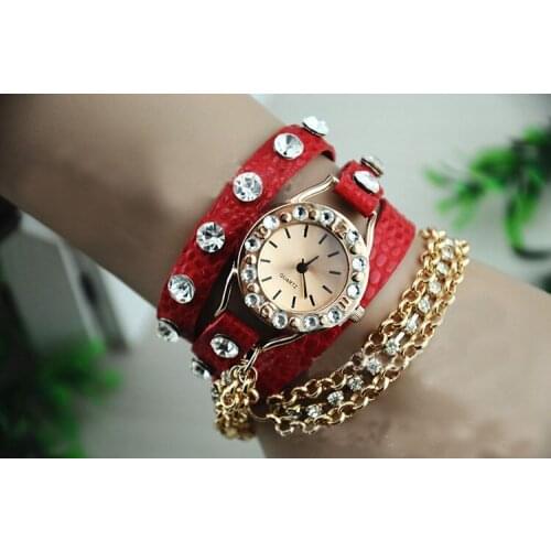 2PCS Fashion Punk Rhinestone Red Wrap Bracelet Watch Wristwatch #23847