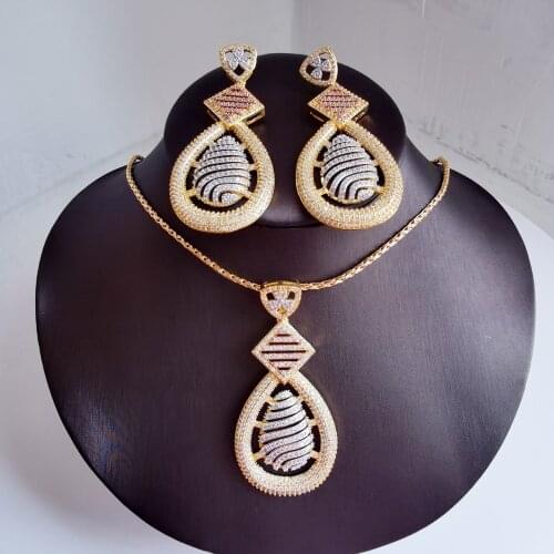 2021 new fashion luxury crystal cz zircon golden necklace earrings,wedding bride dinner party dress jewelry free shipping