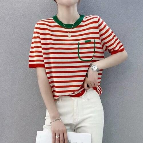 2021 Sale No. 6 In Room 206561, 5 】 The Film Web Celebrity Figure Stripe Color Matching Round Collar Knitting T-shirt Female 31