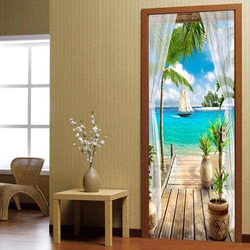 Balcony Sea View 3D Door Sticker Wall Painting Living Room Bedroom Door Wallpaper Wall Stickers Self-adhesive Waterproof Decor