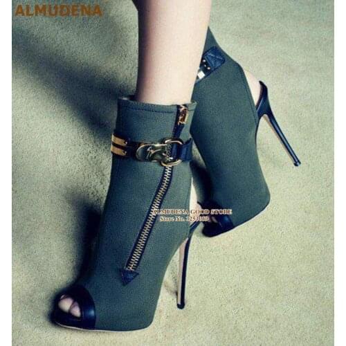 ALMUDENA Army Green Canvas Ankle Boots Stiletto Heels Gold Metal Buckle Decorated Short Boots Zipper Open Toe Exposed Heel Boots