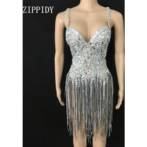 Shining Silver Crystals Fringes Bodysuit See Through Birthday Celebrate Mesh Outfit Party Dance Female Singer Show