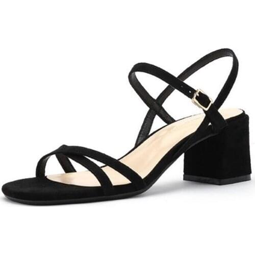 Summer Women Sandals Narrow Band Vintage High Heels Flock Buckle Strap 6CM Thick High Heels Round Toe Shallow Back Strap Shoes