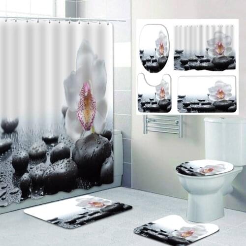 Flowers On Pebble Print Shower Curtain Set Carpet Toilet Cover Bath Mat Sets Bathroom Curtain Waterproof With 12 Hooks Home Deco