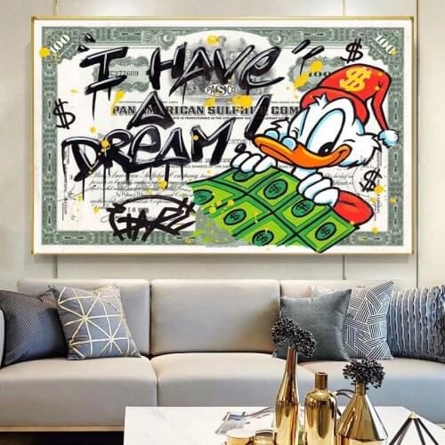 Disney Cartoon Wall Money Posters and Prints Mickey Mouse And Donald Duck and Dollors Canvas Painting Wall Art Pictures Decor