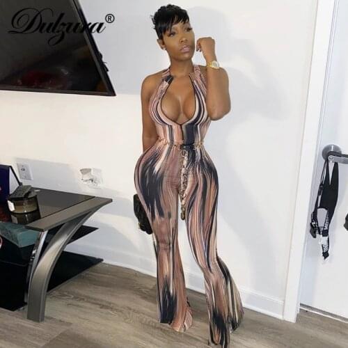 Dulzura print jumpsuit sleeveless bodycon sexy flare bell pants streetwear party 2020 spring summer clothes outfit romper body