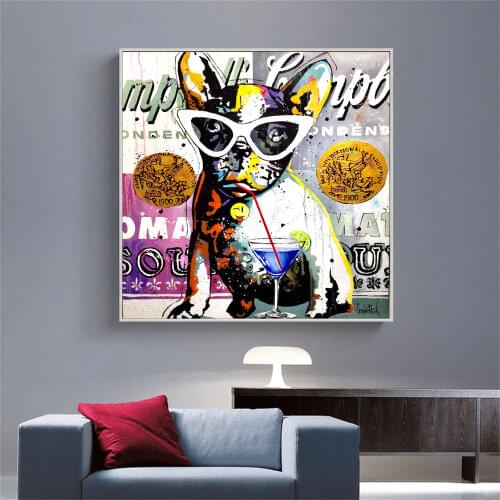 Graffiti Art Dog Canvas Painting Wall Art Posters and Prints Abstract Pug Drinking Champagne with Sunglasses Pictures Home Decor