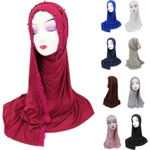 Lace Hijab Women Scarf Muslim Headwrap Islamic Overhead Shawl Wrap Cap Hat Stole Beading Headscarf Turban Islamic Turban Fashion