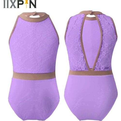 IIXPIN Ballerina Girls Gymnastics Ballet Leotards Dance Kids Dancewear Clothing Sleeveless Lace Splice Hollow Back Ballet Dance
