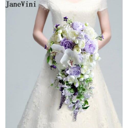 JaneVini 2021 Purple Rose Waterfall Wedding Flowers Bridal Bouquets Artificial Bride Hand Flower Bouquet Kunstbloemen Boeket