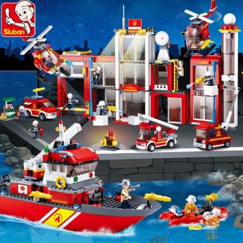 City Fire Police Truck Sea Rescue Boat Engine Car Building Block Sets DIY Creator Model Bricks Educational Toys For Children