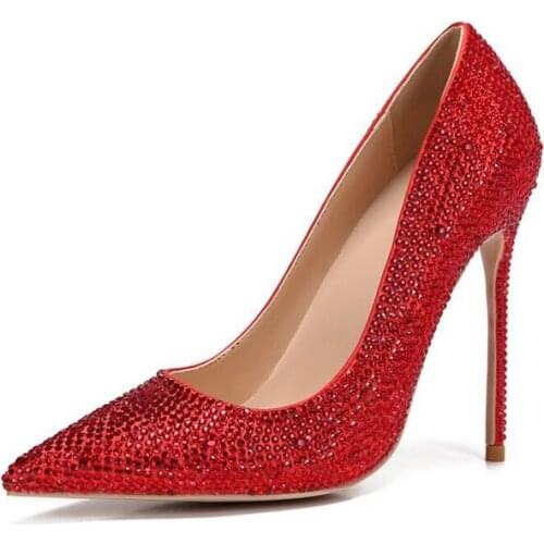 Red Rhinestone Wedding Shoes Bride Pointed toe High Stiletto Heels