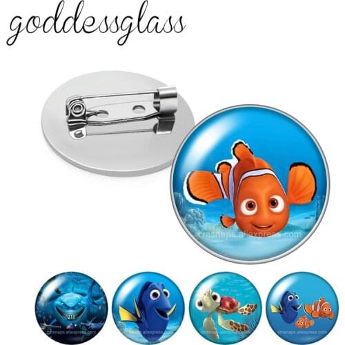 Disney Finding Nemo Clownfish Marlin Round Glass cabochon Silver color Brooch Dome Photo Jewelry Brooches Pin For Gift