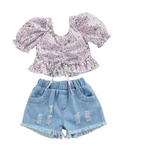 Summer Girl Short Sleeve Tops Shorts Suit Floral Lace Up Ruffle Shirt Denim Ripped Pants Fashion Childrens Sets