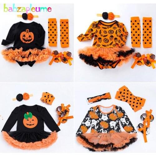 Baby Halloween Newborn Clothes Toddler Pumpkin Outfit Girls Bodysuits+Stockings+Socks+Headband Infant Girls Clothing Sets BC1796
