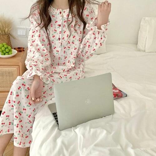 Cherry Heart Print Autumn Nightgown Women Korean Cotton Sleepwear Casual Home Clothes Sweet Buttons Loose Homewear Ruffles