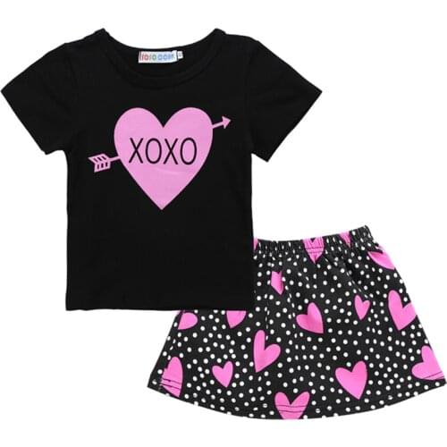 1-6Y Valentines Day Kids Girls Clothes Sets Short Sleeve Heart Print T-shirt+Polka Dot Skirt 2PCS Summer Clothing