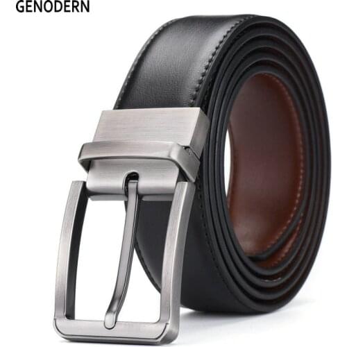 GENODERN New Men Belt Male Genuine Leather Rotatable Pin Buckle Belt Male Double-sided Cowskin Strap Reversible Buckle Belts
