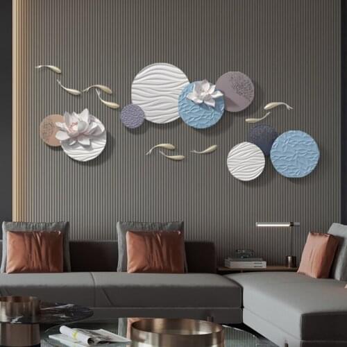 Modern Lotus Fish Round Plate Resin Wall Painting Store Office Bar Wall Hanging Crafts Home Background Wall Sticker Decoration