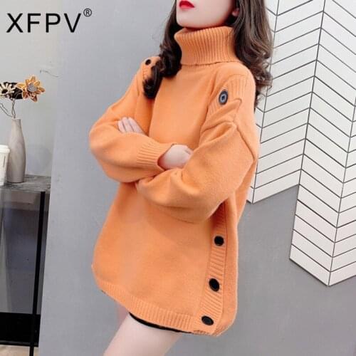 XFPV 2021 Autumn Winter New Arrivals Solid Color High Neck Y2k Sweater Women Pullover Loose Versatile Knitted Thickened Top LY80