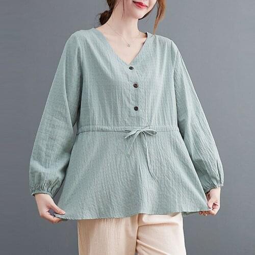 Women Long Sleeve Casual T-shirts New Arrival 2021 Autumn Simple Style V-neck Solid Color Loose Female Cotton Tops Tees B892