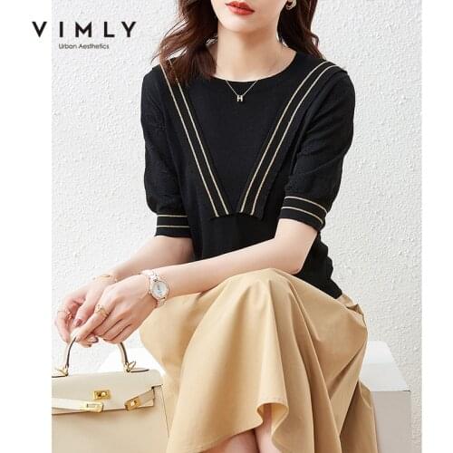 Vimly Short Sleeve Temperament Sweater Female Round Neck 2021 Summer New Fashion Tops Casual T-shirts for Women Clothes F7657