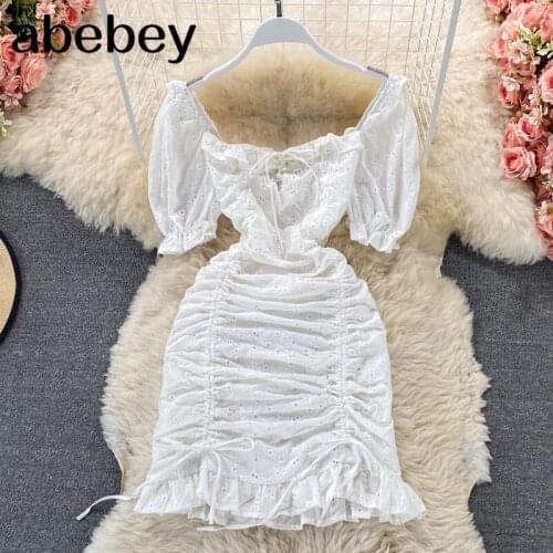 2021 New Summer French Vintage square collar puff sleeve Dress high waist pleated drawstring lace up hollow out wrap Dress