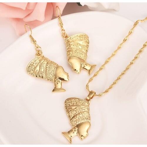 Gold Ancient Africa women earrings Necklace Pendant Gold Head Portrait Jewelry sets for women girls best gifts