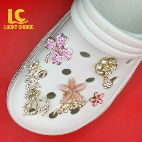 1PC Alloy Rhinestone Chain Croc Charms Designer for JIBZ Shoes Accessories Decoration for Croc Jeans Clog Shoes Flower for Gift