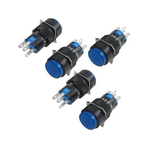 12V Blue Neon Lamp 5P Latching Panel Mount Round Push Button Switch