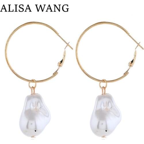 2019 Personality Irregular Imitation Pearl Pendant Hoop Earrings Fashion Gold Color Big Round Circle Earring for Women Jewelry