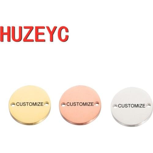 50pcs/Lot 10-30MM Stainless Steel Round Charm Double Hole High Polish Laser Engraving Customize Name LOGO DIY Jewelry Necklace